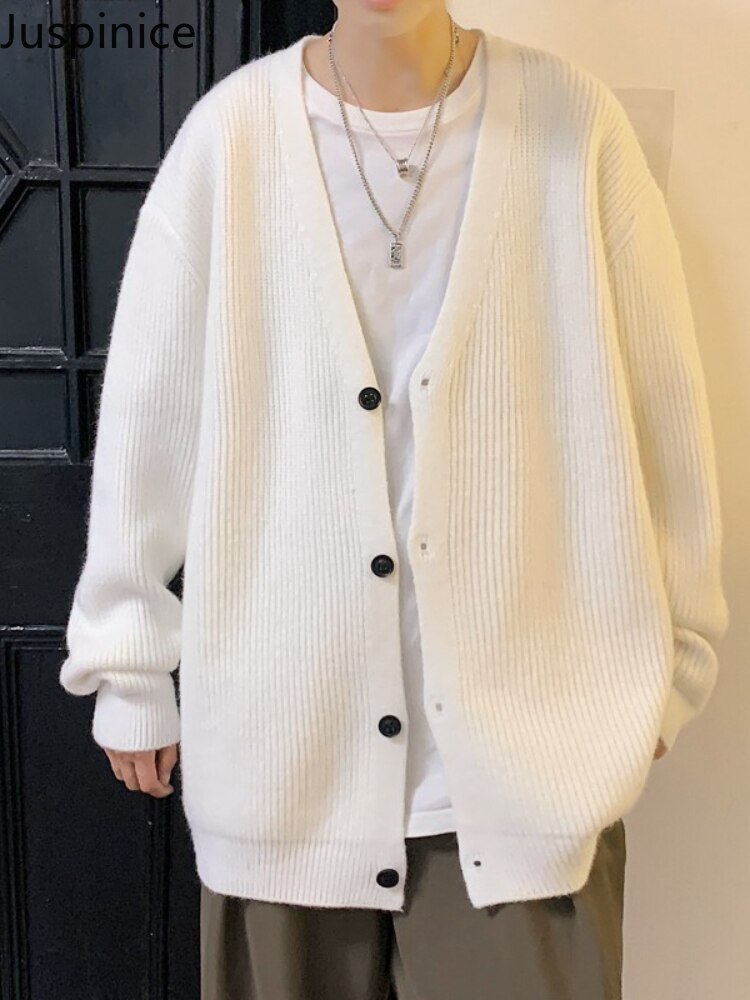 Juspinice 2022 Winter Men&s Retro Loose Coats Couple V-neck Cardigan White Wool Sweaters Fashion Solid Color Cashmer